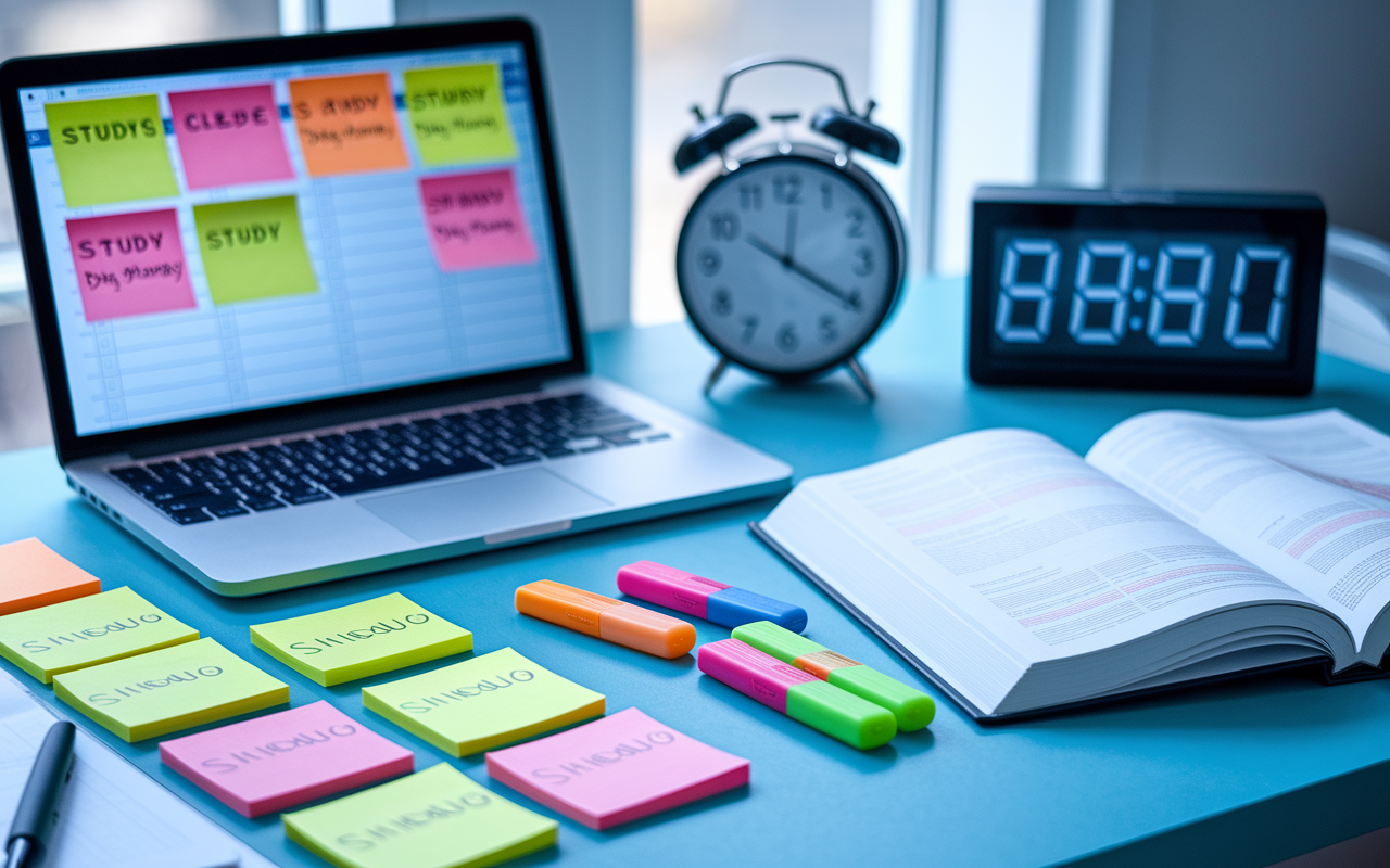 An organized study desk with brightly lit sticky notes outlining a study schedule, a laptop displaying a digital calendar, and a clock signaling dedicated study time. Nearby, a medical textbook rests open beside a set of colorful highlighters. The atmosphere feels calm yet focused, emphasizing efficiency in board exam preparation.