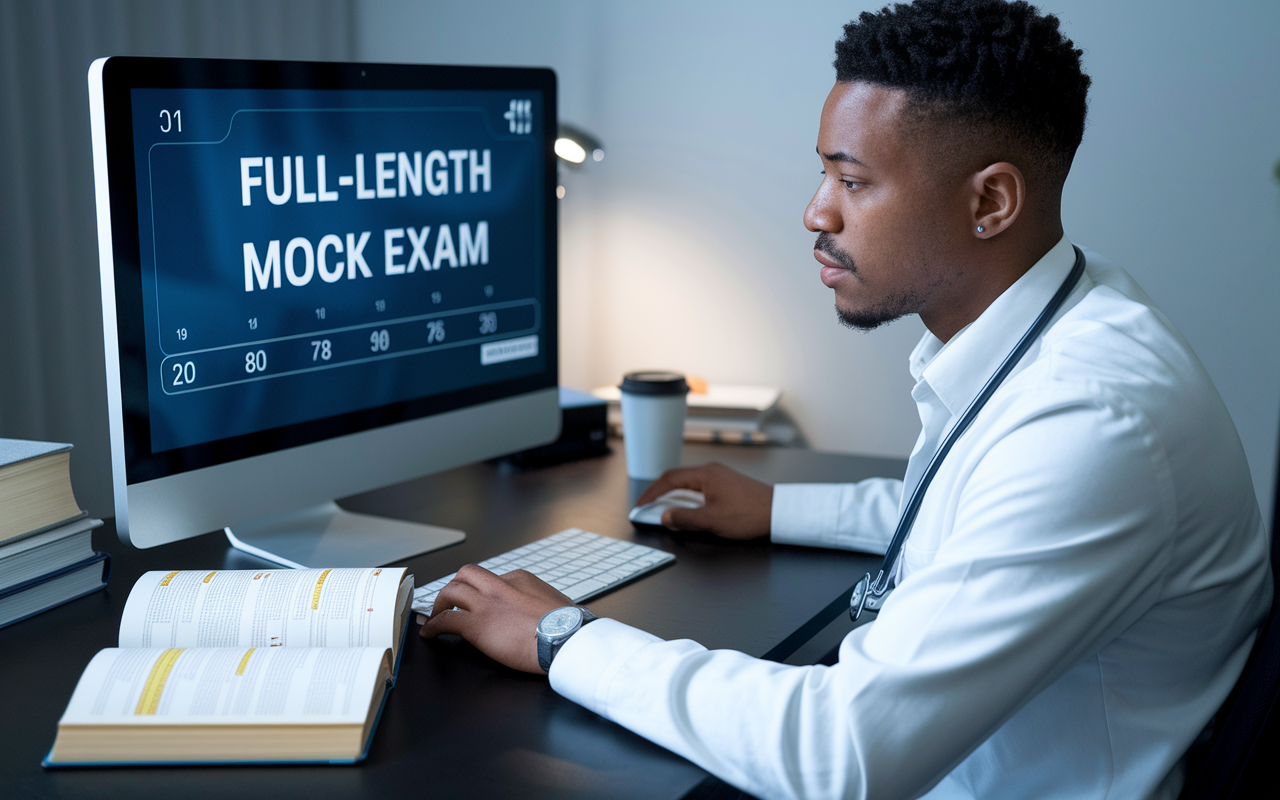 A focused medical resident sitting in front of a computer in a quiet study room, engaged in a full-length mock exam. The screen displays a digital test interface, with a timer counting down. A book with highlighted chapters is open nearby, and a cup of coffee sits on the desk, capturing the intensity of exam preparation.