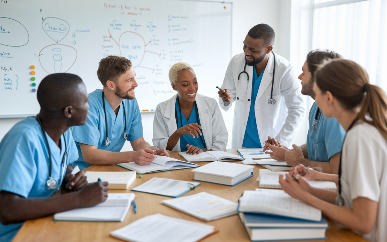 A vibrant study group in a bright, well-lit room, with medical residents sitting on a large table covered with textbooks and notes. They are animatedly discussing complex topics, sharing insights and answering questions. A whiteboard filled with diagrams and notes can be seen in the background, showcasing collaborative learning in action.