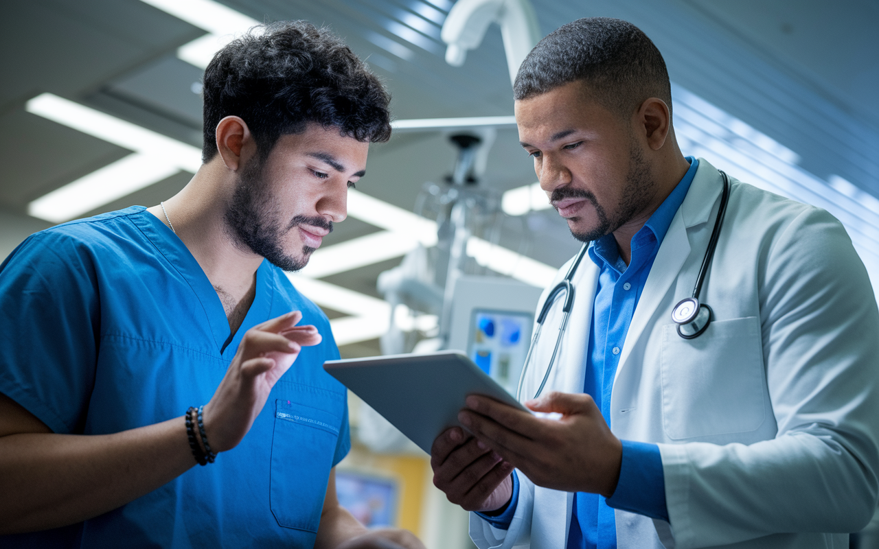 A medical resident is engaged in an intensive discussion with an attending physician in a hospital setting, with clinical case reports and images viewed on a tablet screen. The environment is clinical yet warm, showcasing the importance of clinical application in board exam preparation.