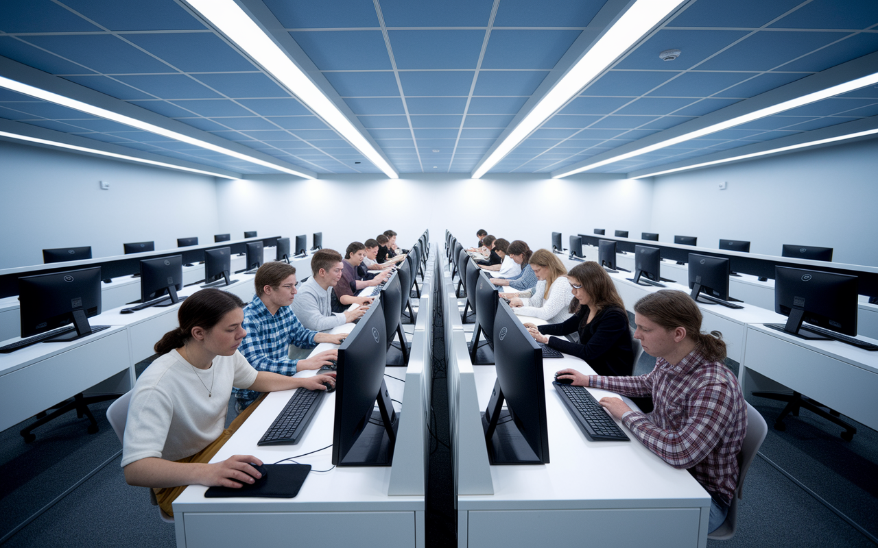 A modern testing room filled with individual computer stations where students are participating in a board exam. Each station has a sleek computer setup with the screen displaying a question with options. Students, a diverse group of young adults, are intently focused on their screens, some wearing headphones. Bright overhead LED lights provide a clinical ambiance, alongside a calm, focused atmosphere.