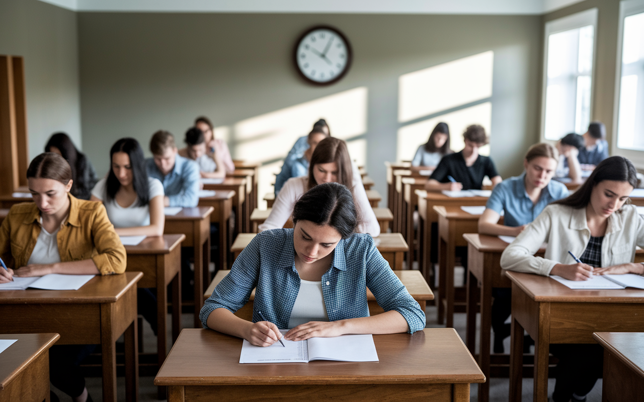 A traditional exam room set with rows of wooden desks and paper test booklets on top. Students, predominantly young adults of various ethnicities, are quietly writing their answers. A large wall clock ticks in the background, and sunlight filters through the windows enhancing the atmosphere of concentration and seriousness. The scene conveys the timeless nature of taking a paper-based exam.