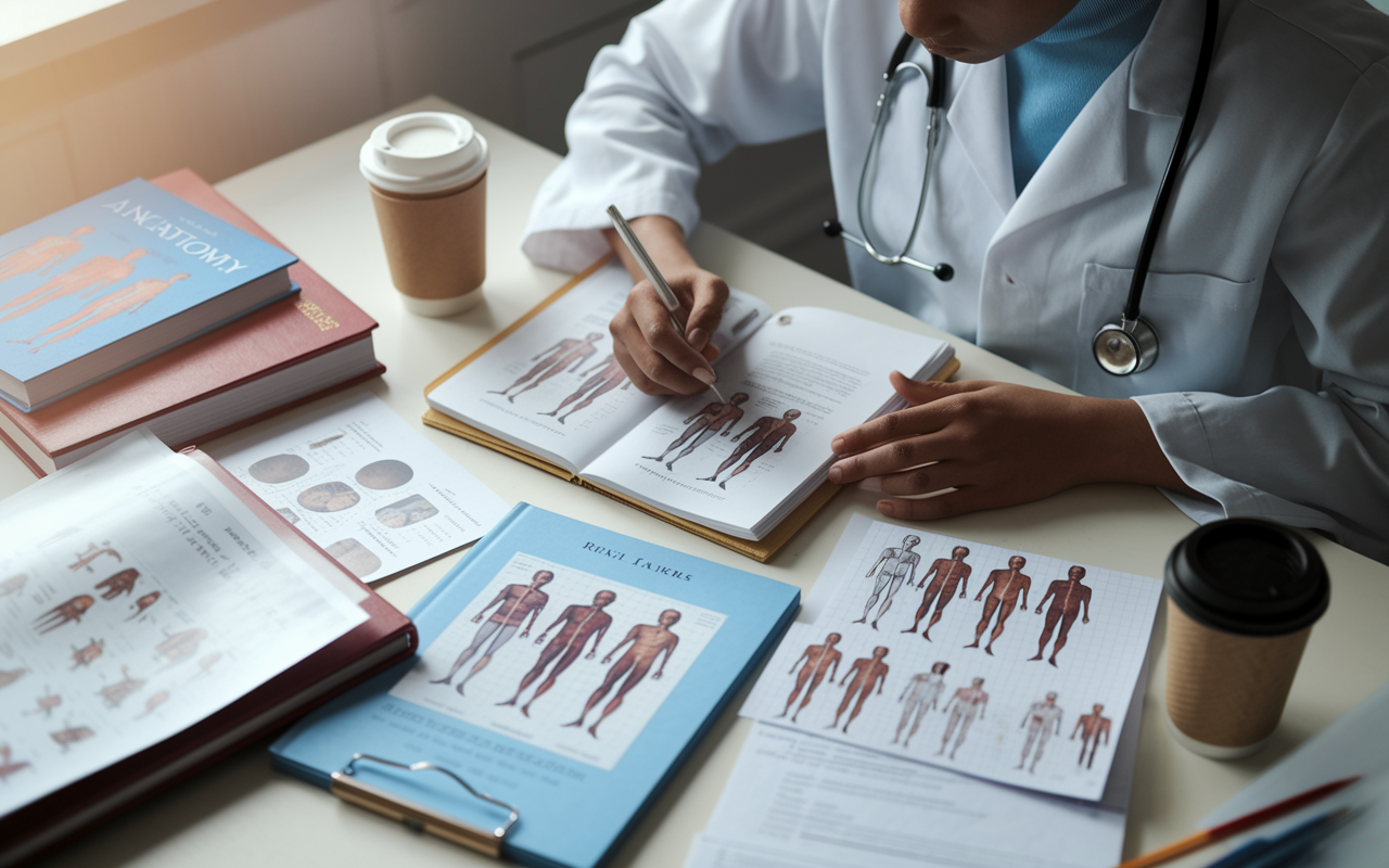 A medical student studying clinical vignettes, with a focused expression, surrounded by various anatomy charts and medical textbooks on a study table. Notes and diagrams are visible, depicting patient scenarios, and a coffee cup rests nearby. Soft daylight filters in, enhancing the mood of dedication and concentration.