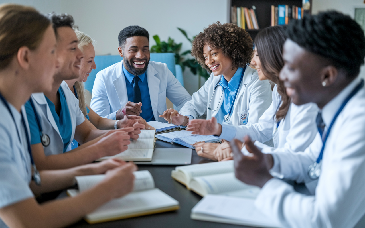 A lively study group session taking place in a cozy room. A diverse group of medical students, both male and female, are engaging in discussion around a table filled with books, laptops, and notes. The atmosphere is collaborative and vibrant, with laughter and concentration evident on their faces, as they quiz each other on different question types.