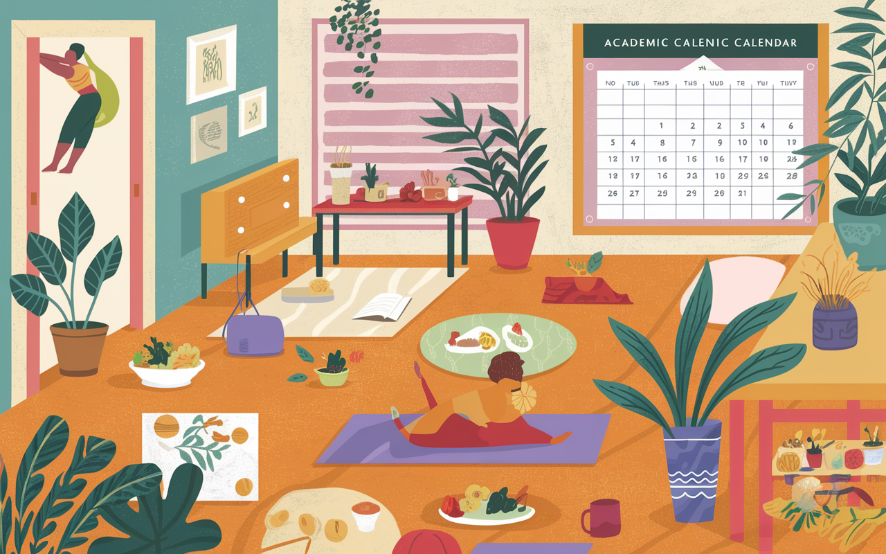 An artistic representation of a holistic study environment, showcasing a harmonious blend of physical wellness and academic preparation. The room is vibrant, featuring a yoga mat on the floor, healthy meals displayed on a nearby table, and calming decor like soft lighting and plants. A large window lets in natural light, creating an inviting atmosphere where an academic calendar and wellness tips are pinned on a bulletin board, emphasizing the integration of health and study.