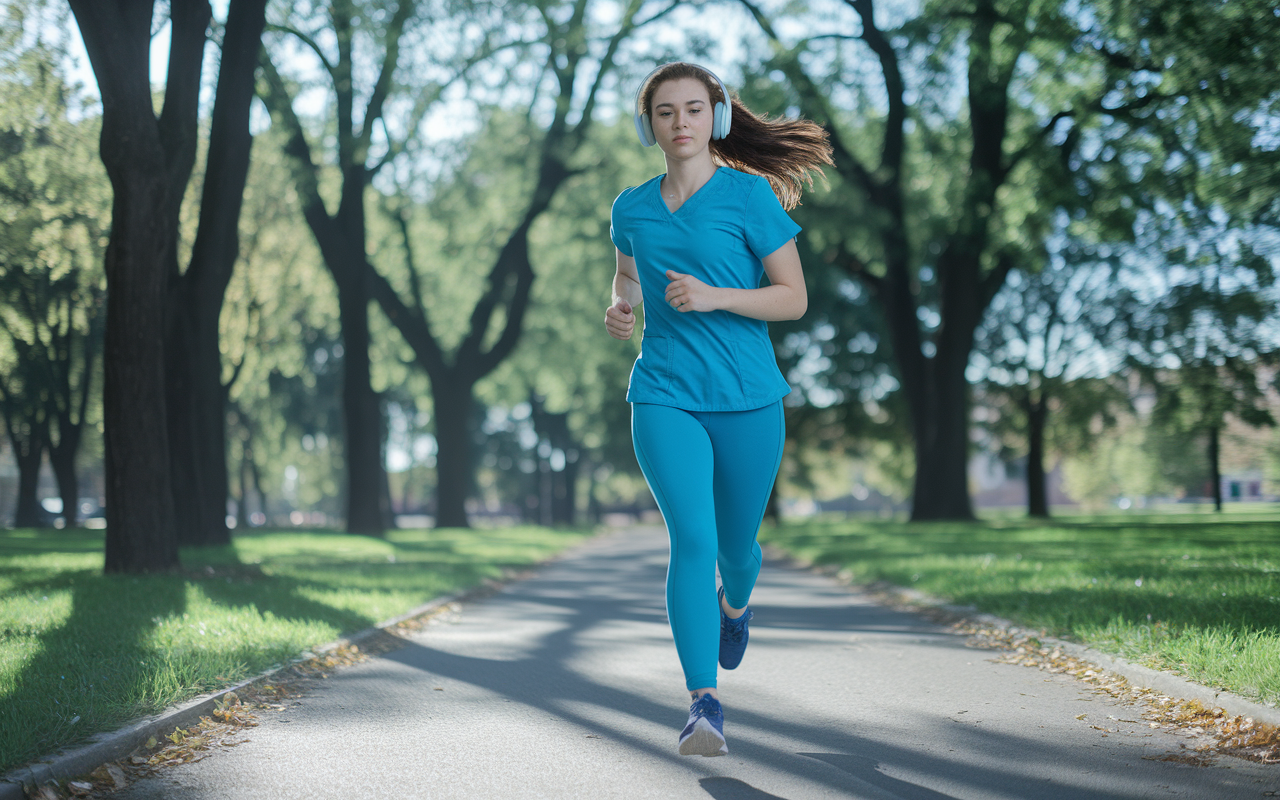 A young medical student taking a refreshing jog in a nearby park during a study break, with trees and sunlight casting playful shadows on the path. She's dressed in comfortable athletic wear, wearing headphones, and appears focused but relaxed. The scene captures the balance between study and physical activity, emphasizing wellness in a naturally vibrant setting, with a bright blue sky overhead.