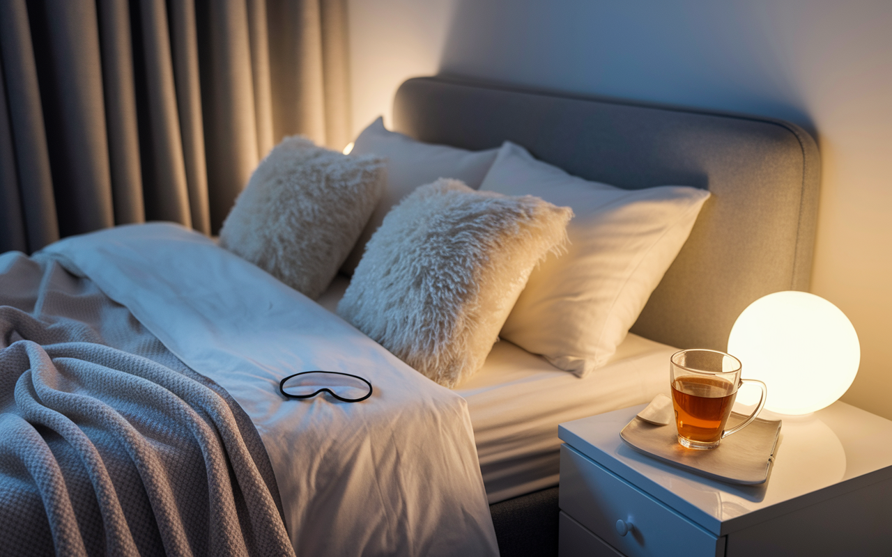 A cozy, serene bedroom setup showcasing a peaceful sleeping environment designed for optimal rest. The room features a well-made bed with soft, fluffy pillows, dim warm lighting, and curtains drawn to block out distractions. On a bedside table, a soothing sleep mask and herbal tea are present, symbolizing relaxation and the importance of a good night’s sleep. Subtle calming colors like soft blues and whites enhance the tranquil vibe of the space.