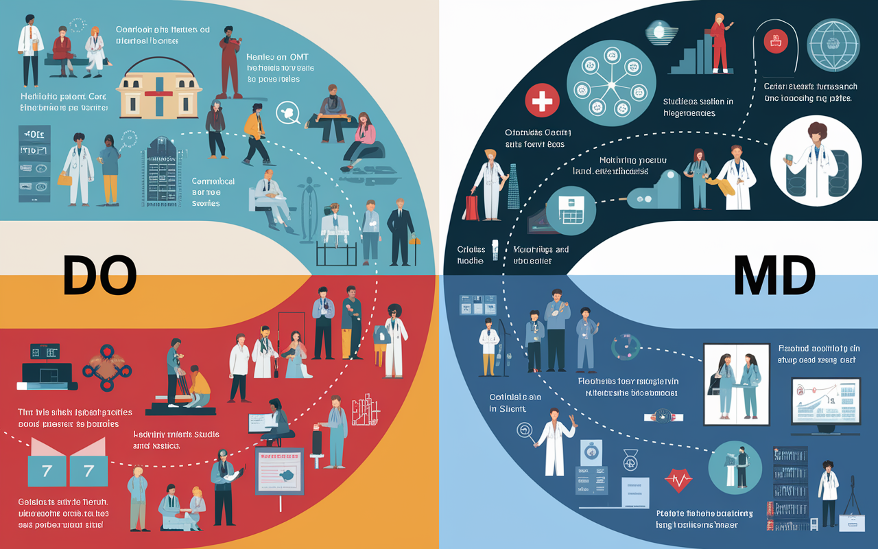 A visual representation of two paths diverging from a central point illustrating the education journey for DO and MD students. The left path (DO) is filled with images of holistic patient care, hands-on OMT sessions, and collaborative group studies emphasizing community service. The right path (MD) features high-tech labs, surgical tools, and students engaging in diagnostics and research. The meeting point features students networking and sharing their experiences, highlighting the unity and diversity in the medical education journey.