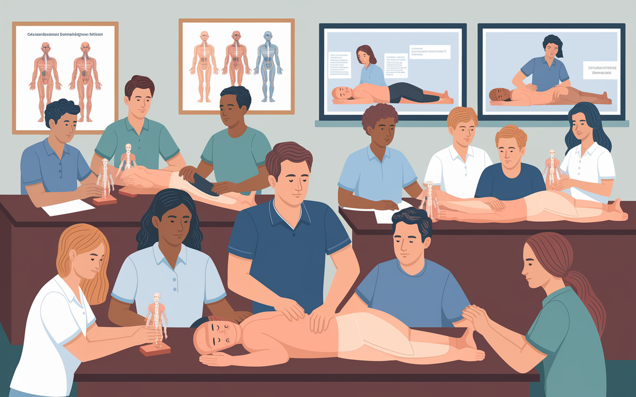 An illustrative classroom scene showing DO students engaged in both theoretical learning and practical osteopathic manipulative treatment (OMT). The setting features diverse students collaborating on anatomical models, a compassionate instructor giving hands-on guidance, and students practicing on each other. The room is well-lit with anatomical charts and OMT demonstration videos in the background, conveying an atmosphere of mutual support and holistic learning.