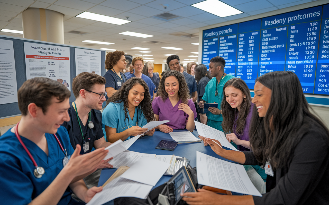 A busy hospital environment during residency matching day, capturing the energy and excitement of both MD and DO graduates. The scene features a mix of students reviewing match results together, expressions of joy and relief, posters of residency programs in the background, and a large digital board displaying match outcomes. A sense of camaraderie and shared success fills the air, symbolizing the merging paths of medical education.