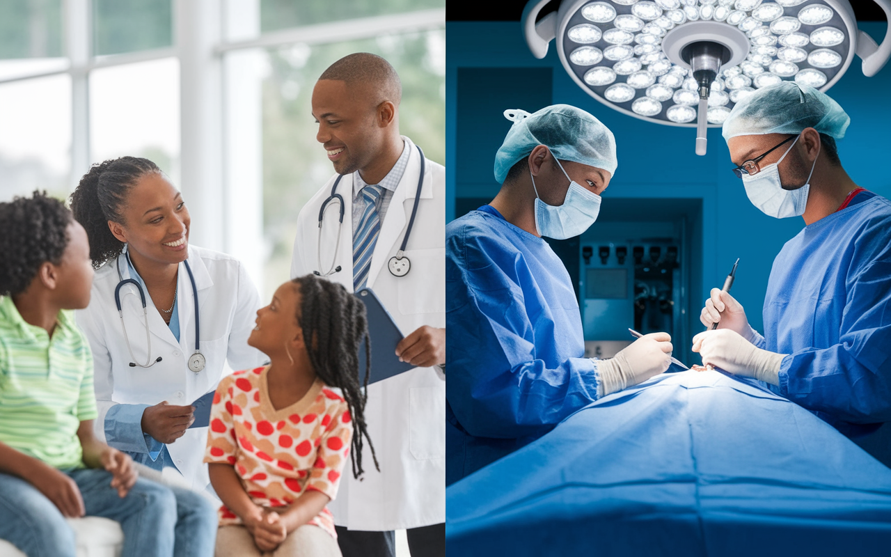 A vibrant collage showcasing diverse environments in which DOs and MDs practice medicine. The left side features a DO providing holistic care in a family medicine clinic, interacting warmly with a multi-generational family while engaging in preventative healthcare discussions. The right side shows an MD performing a surgical procedure in a modern operating room, showcasing precision and advanced technology. The merging backgrounds reinforce the idea that both paths lead to compassionate and effective patient care.