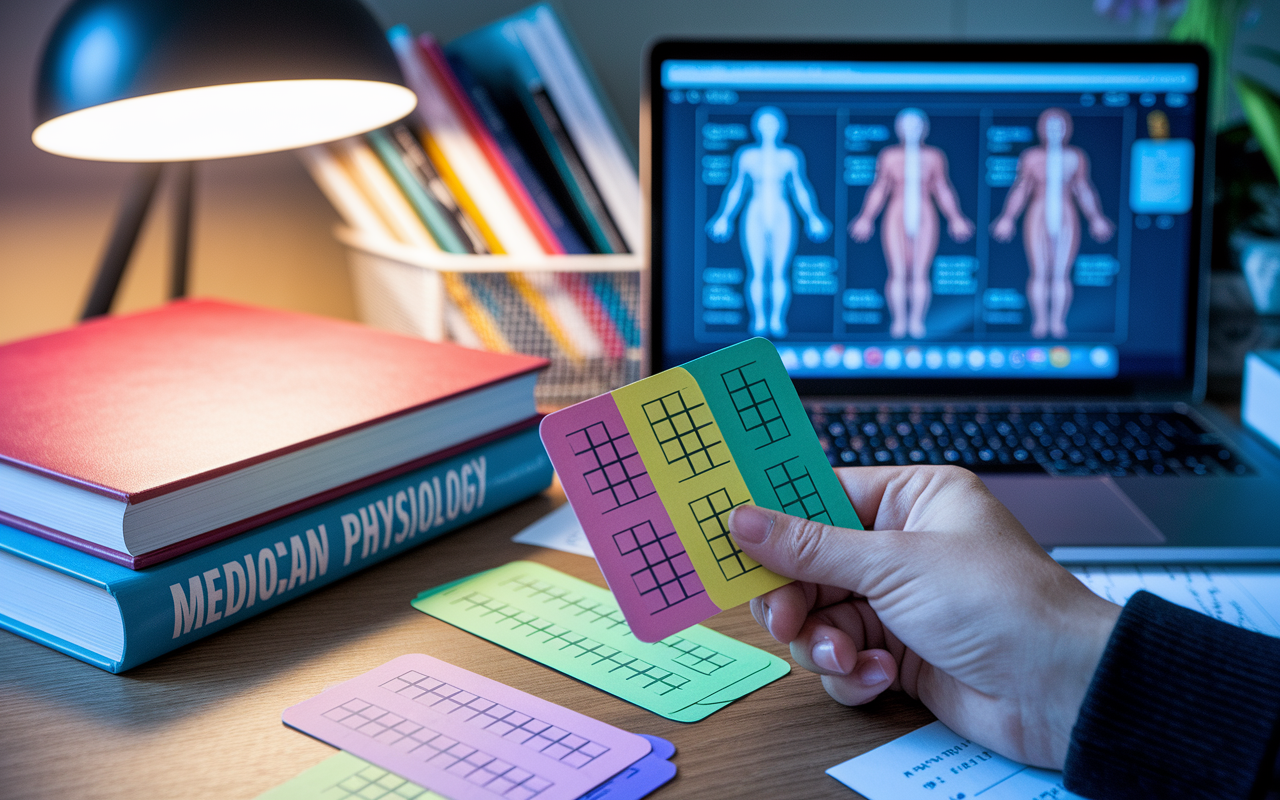 A close-up shot of a hand flipping a vibrant flashcard with a multiple-choice question on one side while the other side reveals the answer. The background shows a study desk cluttered with medical textbooks and a laptop displaying graphics of human physiology. Warm overhead lighting adds a cozy, focused atmosphere, highlighting the determination of a student engaged in self-testing.