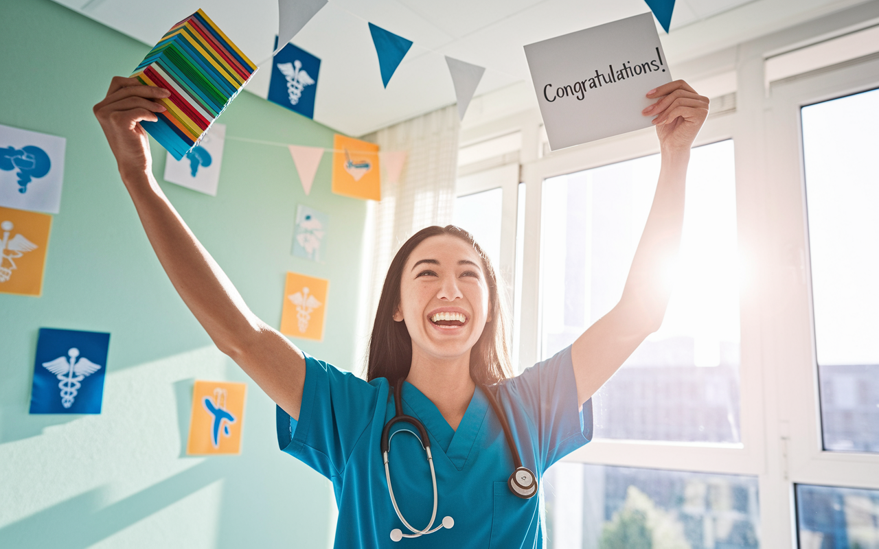 A triumphant medical student celebrating in a sunlit room with a stack of colorful flashcards in one hand and a ‘Congratulations!’ card in the other. The atmosphere is vibrant and hopeful, with decorations of medical symbols on the walls and a sense of accomplishment in the student's expression. Bright sunlight filters through the window, casting a positive and victorious glow.