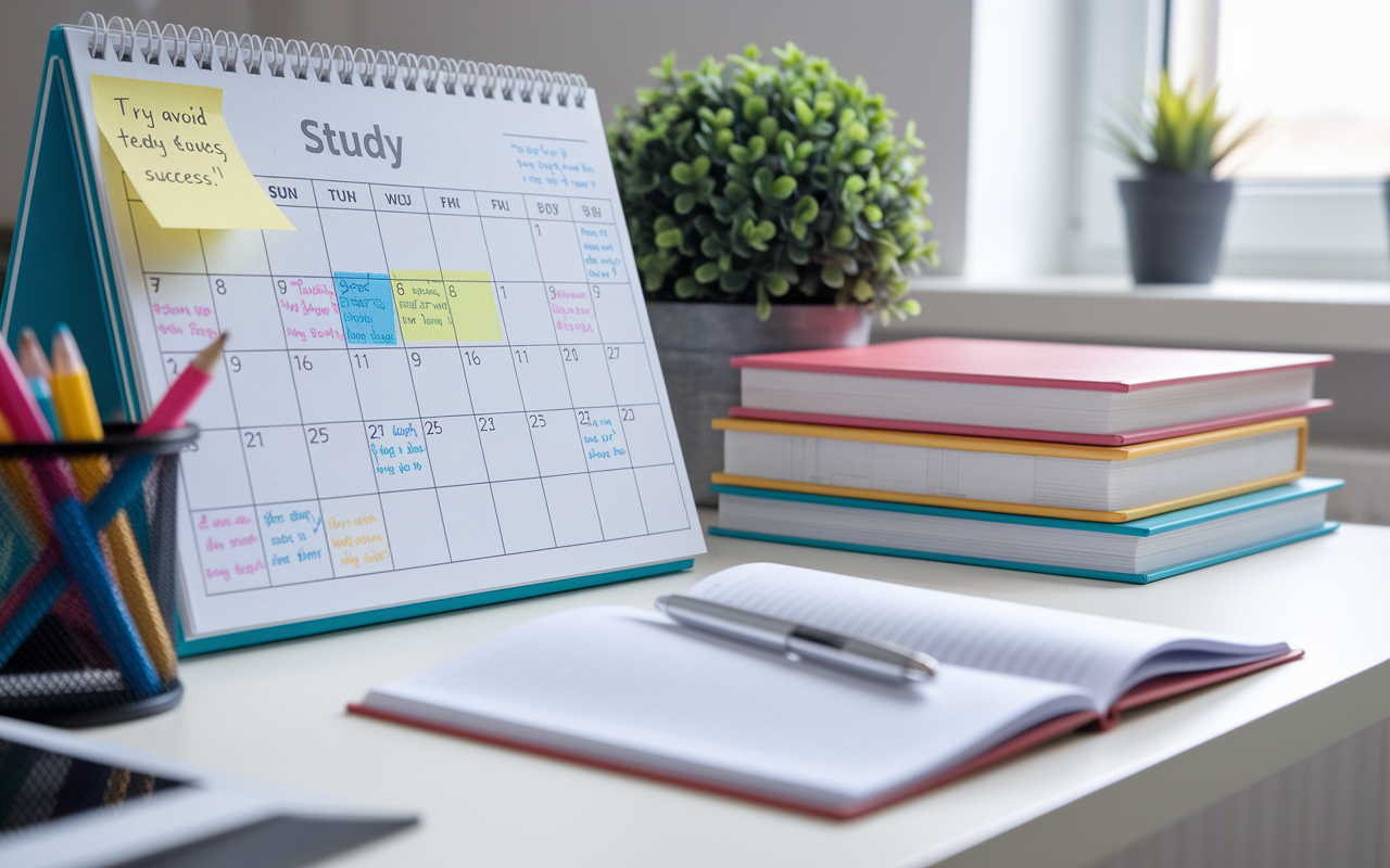 A close-up view of a tidy desk featuring an organized study calendar filled with colorful marks and notes, textbooks stacked neatly, and a motivational quote on a sticky note. The setting is bright and airy, suggesting an inviting study atmosphere. A potted plant adds a touch of life to the scene, emphasizing the importance of organization and planning in academic success.