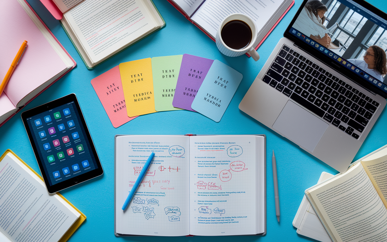 A visually appealing layout of various study resources: a digital tablet displaying a medical app, an open text filled with annotations, colorful flashcards with medical mnemonics, and a laptop showing a video lecture. The background of the image showcases a bustling study space filled with textbooks and notes, symbolizing diverse and dynamic learning.