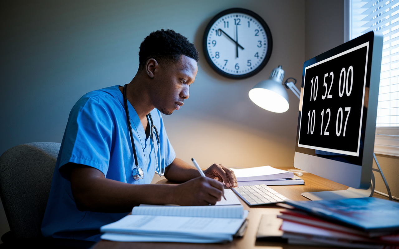 An intense scene of a medical student, a Black male, seated at a computer in a quiet study room, immersed in a full-length practice exam. The clock on the wall indicates a countdown, illustrating the pressure of timed testing. Papers and textbooks surround him, but he remains focused and determined. The lighting is soft and warm, capturing the seriousness of exam preparation.