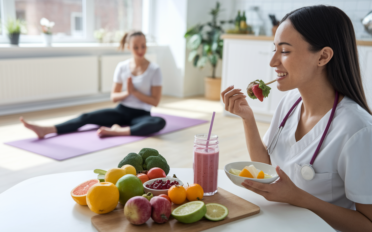 A vibrant scene depicting a medical student enjoying a balanced meal with colorful fruits, vegetables, and a smoothie in a sunny kitchen. In the background, a yoga mat is laid out, indicating a routine that incorporates physical exercise and mindfulness. The atmosphere is bright and cheerful, highlighting the importance of health and well-being in study routines.