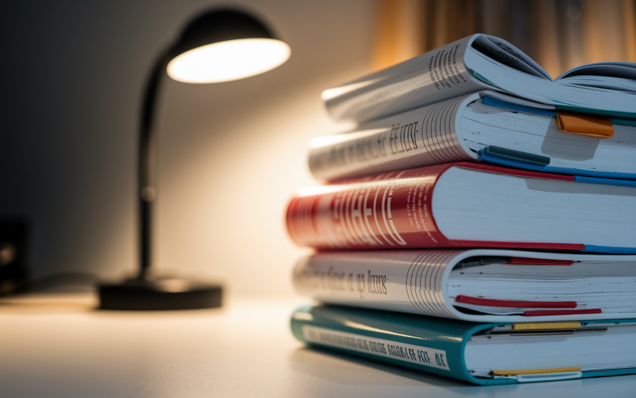 A close-up view of essential medical textbooks stacked neatly on a desk, with highlighted notes peeking out from between the pages. The background shows a dimly lit study space with a small desk lamp casting a warm glow, creating a focused and scholarly atmosphere.