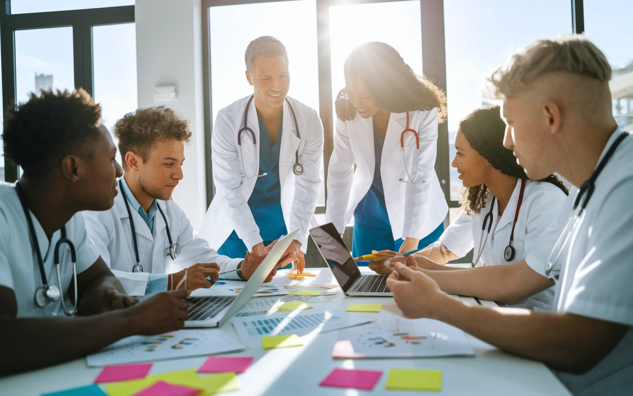 A group of diverse medical students gathered around a table in a bright study room, discussing study materials. They are using charts and laptops, with colorful sticky notes and flashcards scattered around. The atmosphere is collaborative and energetic, accentuated by sunlight streaming through large windows, creating a vibrant learning environment.