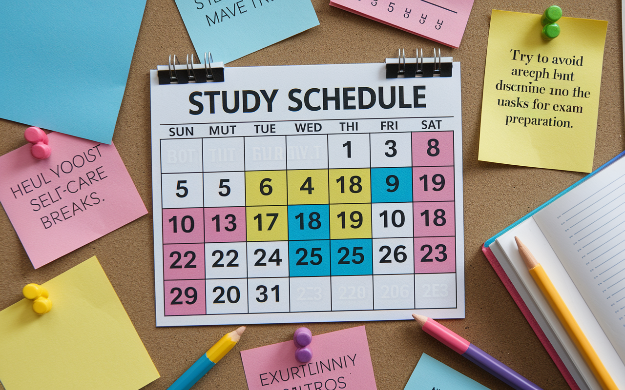 A well-organized study schedule pinned on a bulletin board, surrounded by colorful notes and reminders about study sessions. The calendar shows a mix of study tasks and self-care breaks, with a motivational quote pinned in the corner. The bright and motivating ambiance fosters a sense of discipline and focus for exam preparation.