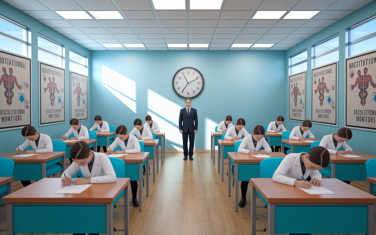 A well-organized examination room designed for mock exams, featuring desks, chairs, and a large clock on the wall displaying the exam time. Students are silently concentrating on their papers, and a facilitator monitors the room quietly. The walls are adorned with motivational medical posters, and sunlight streams through large windows, creating a bright and encouraging atmosphere. The scene embodies calmness and seriousness, reflecting the importance of a well-prepared exam setting.