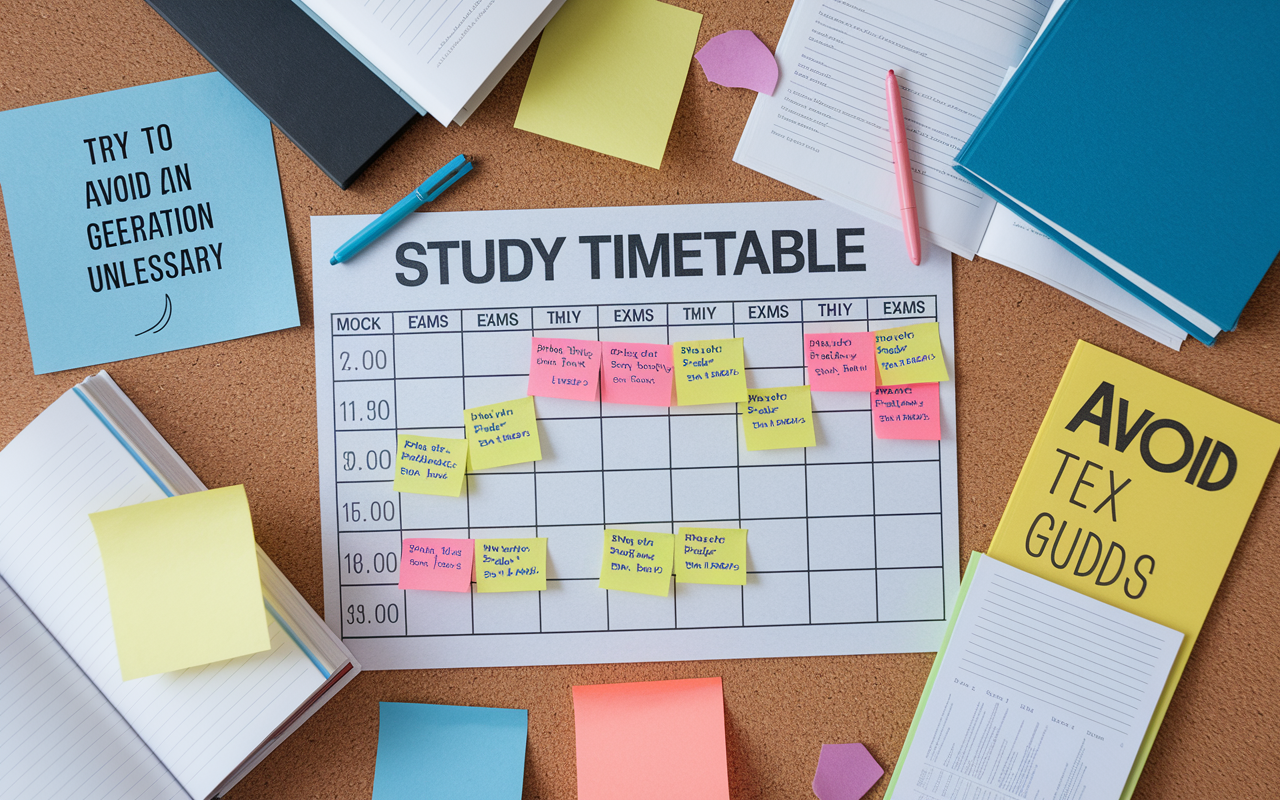 A detailed study timetable pinned on a corkboard showing an organized plan for mock exams leading up to board exams. The timetable includes specific dates for mock exams, study topics, and review sessions, all color-coded and annotation-filled with sticky notes. Surrounding the board are motivational quotes and visual study materials, creating an atmosphere of commitment and preparation amid scattered study guides and textbooks.