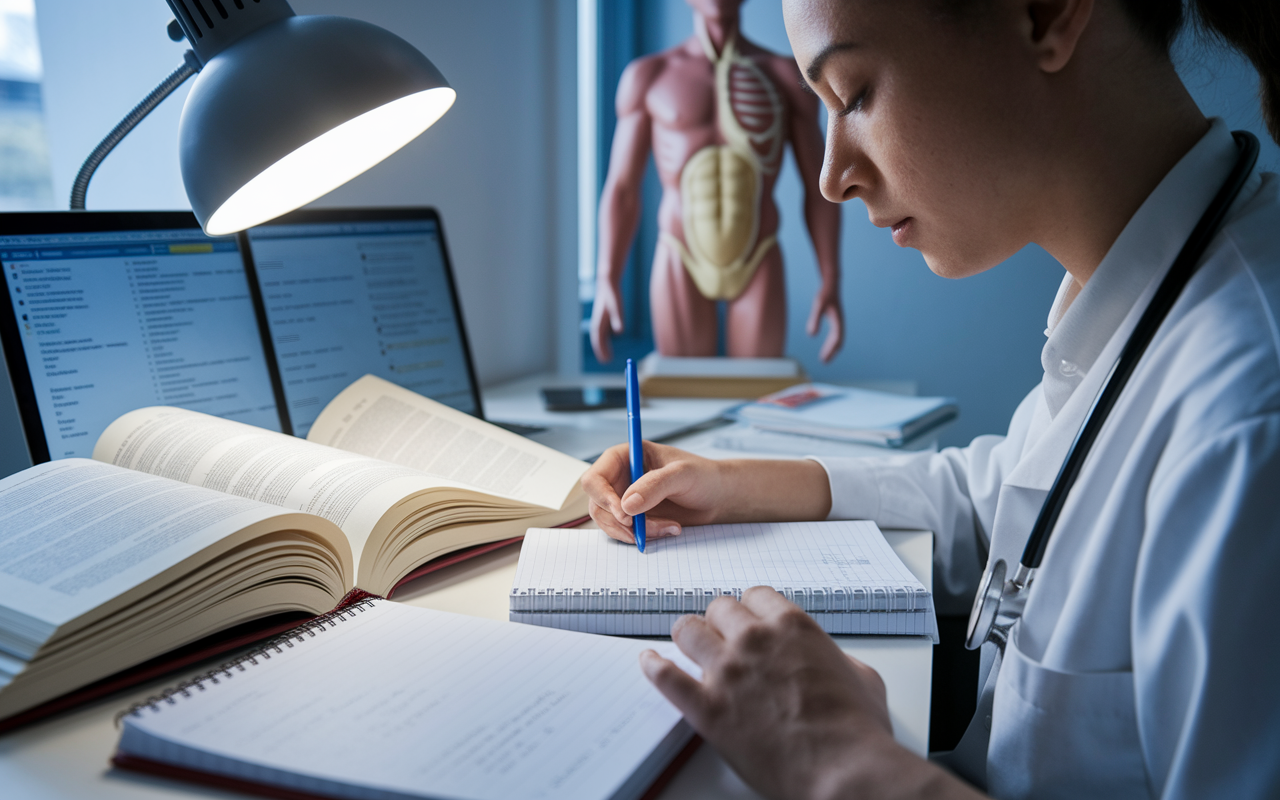 A close-up shot of a medical student's study setup, featuring open textbooks, a laptop showing practice questions, and a notepad filled with study notes. The student, looking focused and determined, is seated at a desk with a desk lamp casting a soft light, highlighting the organized chaos of preparation. An anatomical model of the human body is visible in the background, symbolizing the seriousness and complexity of medical studies. The scene reflects dedication and hard work.