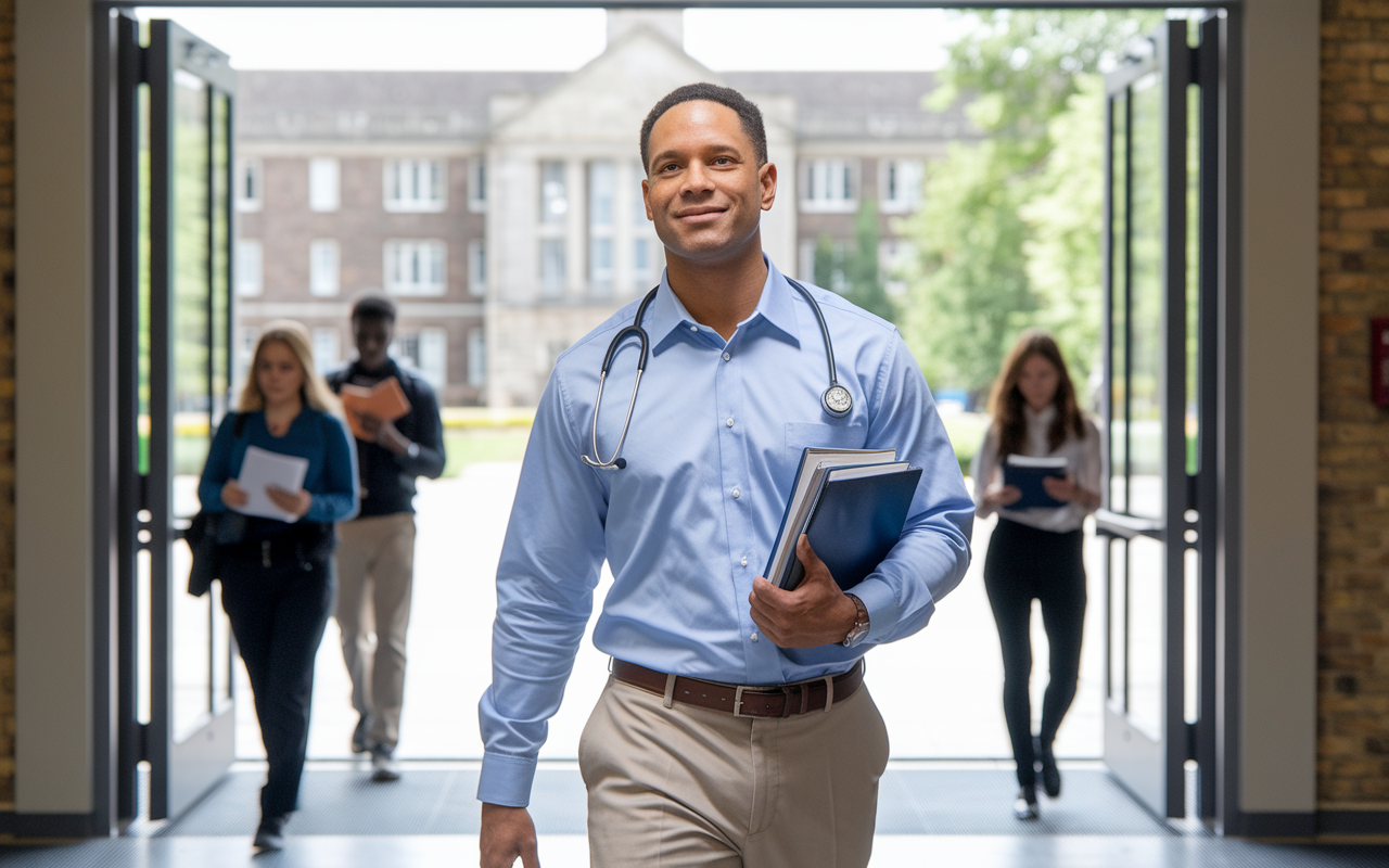 An adult male medical resident confidently walking into the examination hall, with a calm expression on his face. He carries a folder full of notes and references and is dressed in professional attire. Background features students entering the hall, balancing their own notes, with an imposing university building creating a sense of seriousness and intent for the exam day. The lighting is bright and natural, symbolizing hope and preparedness.