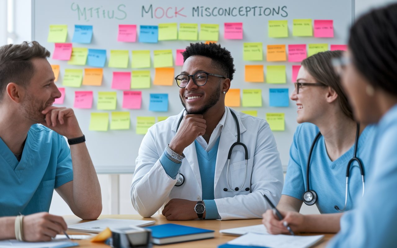 A thoughtful medical student pondering over common misconceptions about mock exams at a study group. The atmosphere is filled with discussions and brainstorming as they challenge myths around mock exams. Colorful post-it notes on a whiteboard illustrate various misconceptions, while students engage in a collaborative environment with smiles and shared enthusiasm. Bright, natural lighting enhances the feeling of community and support.