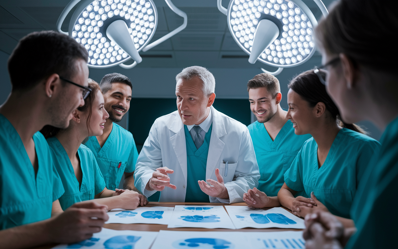 A warm scene showing a seasoned surgeon in a white coat mentoring a group of enthusiastic surgical residents in a modern hospital lecture room. The mentor is discussing surgical techniques with charts and models displayed. The atmosphere is collaborative and supportive, emphasizing the connection between mentors and trainees. Bright overhead lights illuminate the room, creating a dynamic and focused learning environment.