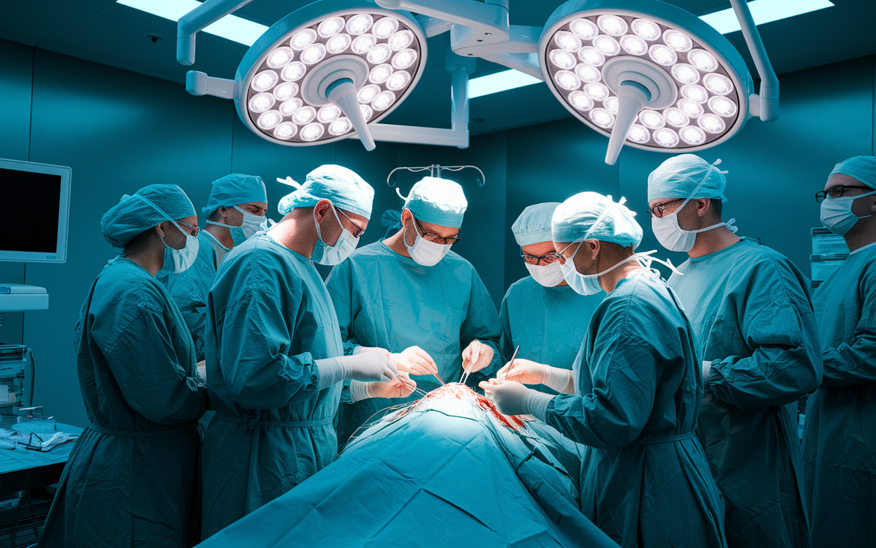 A vibrant surgical team in a modern operating room, displaying a strong sense of teamwork while performing a complex surgery. The scene is bustling with activity, showcasing diverse surgical staff including nurses and surgeons collaborating efficiently. Bright surgical lights illuminate the room, creating a sense of focus and dedication. The atmosphere is tense yet purposeful, highlighting the importance of teamwork and communication in a high-stakes environment.