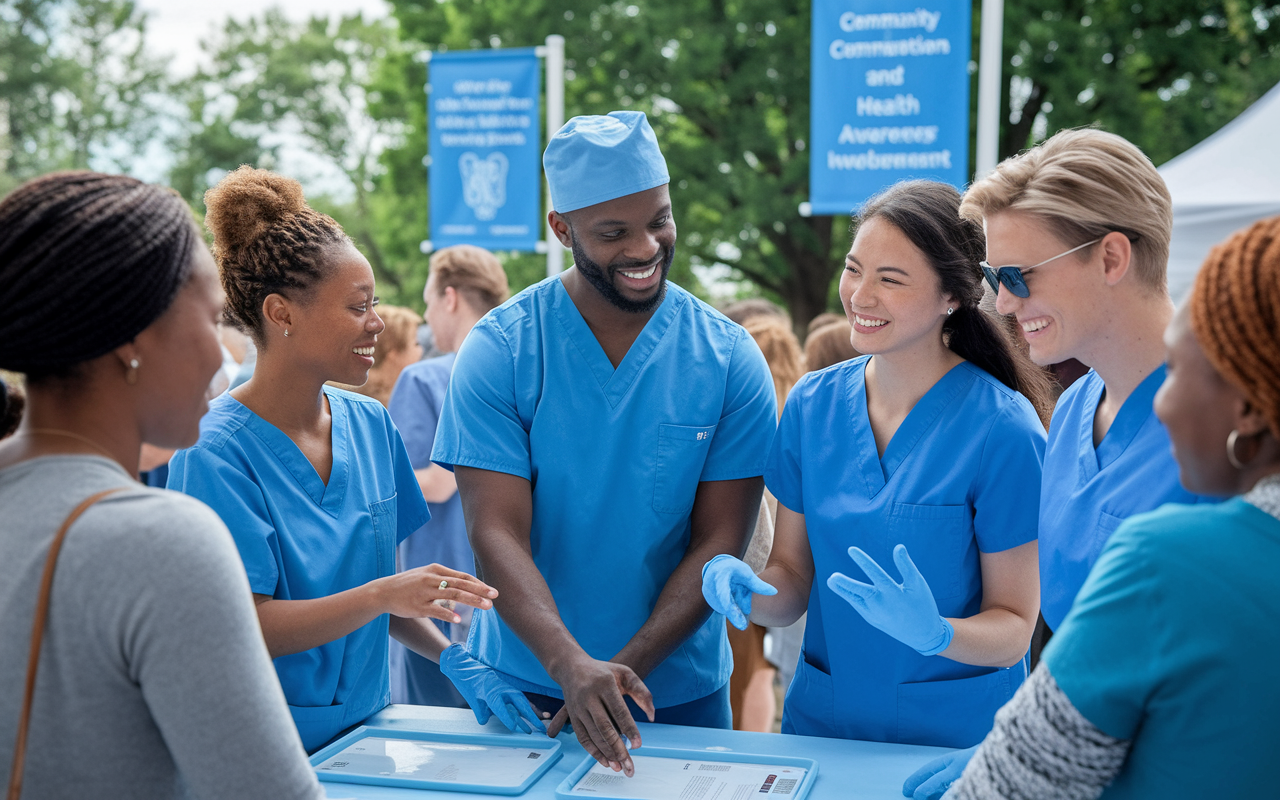 A group of surgical residents in scrubs, passionately engaging with the local community at a health fair. They are providing free health screenings and discussing wellness tips with diverse community members, demonstrating their commitment to service. A bright sunny day with cheerful atmosphere, banners promoting health awareness in the background. The scene captures the spirit of community outreach and resident involvement.