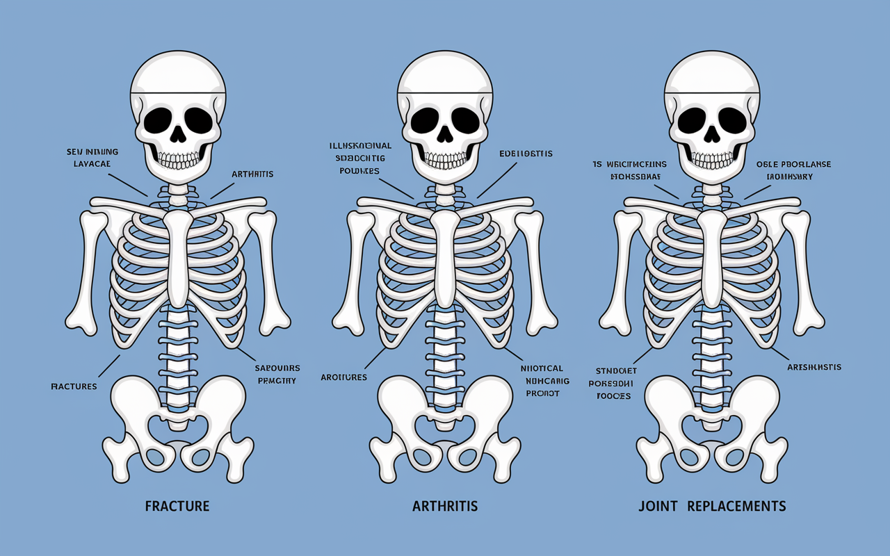 A detailed infographic illustrating common orthopedic conditions, featuring illustrations of a human skeleton with highlighted bones showing fractures, arthritis, and joint replacements. Each condition is annotated with labels for clarity. This educational piece is designed with professional medical graphics and a clean layout, set against a soft blue background to emphasize the skeletal anatomy and healing processes.