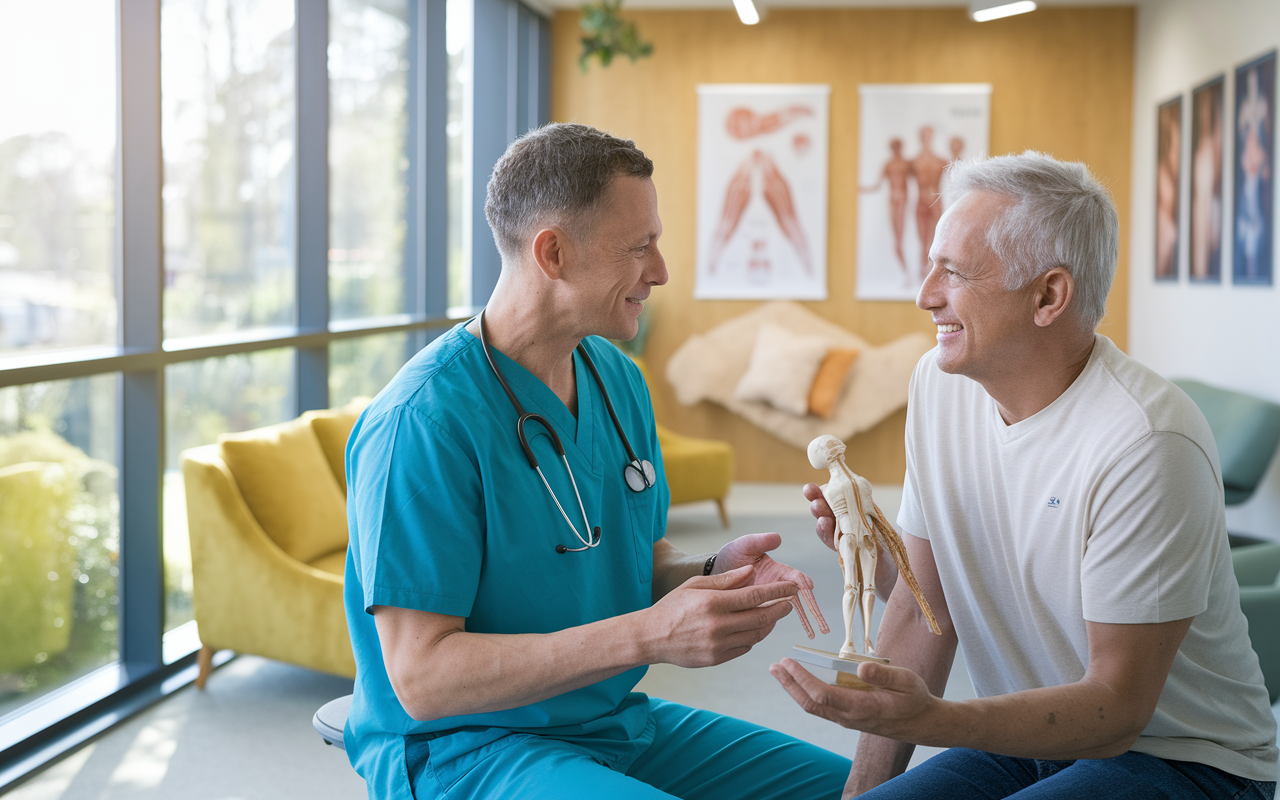 An empathetic orthopedic surgeon in a modern outpatient clinic, attentively discussing treatment options with a middle-aged patient. The scene showcases a warm and inviting atmosphere with bright natural light coming through large windows, comfortable seating, and healthcare posters on the walls. The surgeon is using anatomical models to explain procedures, creating an engaging and informative experience. The patient appears relaxed yet focused, illustrating the importance of communication in healthcare.