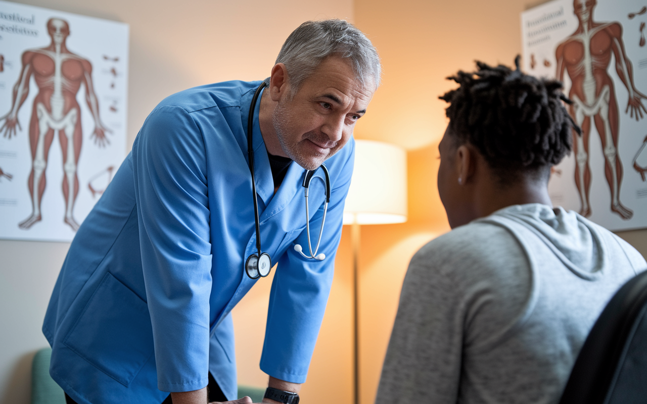 A compassionate orthopedic surgeon, leaning forward with concern while listening attentively to a young athlete sharing their injury story in a consultation room. The surgeon's expression shows empathy, and there are anatomical diagrams of the knee on the walls. Soft, warm lighting creates a supportive atmosphere, emphasizing the importance of emotional connections in patient care.