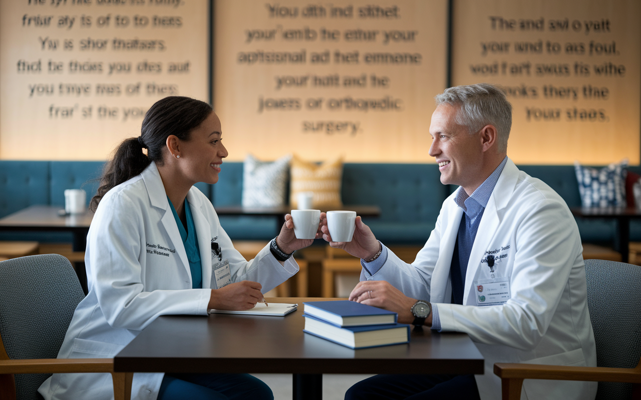 A warm, inviting scene in a hospital break room where two orthopedic surgeons, a woman and a man, are sharing their experiences over coffee. They are surrounded by a relaxed environment with motivational quotes on the walls and medical books on the table. The atmosphere is friendly and supportive, highlighting camaraderie and the sharing of professional journeys in orthopedic surgery.