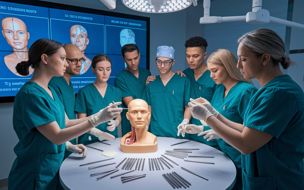 A plastic surgery training session in an advanced medical simulation room, showcasing a diverse group of residents in scrubs focused on a lifelike anatomical model of the head and neck. An experienced educator demonstrates techniques, with various medical instruments neatly arranged on a nearby table. Bright, clinical lighting highlights the dedication and engagement of the trainees. A large digital screen displays instructional diagrams related to ENT procedures.