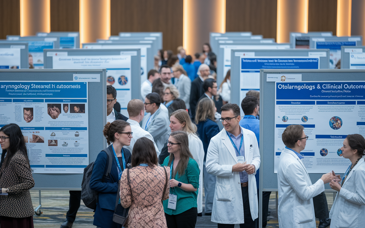 A lively medical conference hall filled with researchers and residents presenting their research findings. Large posters display various otolaryngology studies and clinical outcomes. Attendees, engaged in discussions, are reflecting diversity in gender and ethnicity, highlighting collaborations. Warm ambient lighting creates an inviting atmosphere, capturing the essence of academic growth and professional networking.