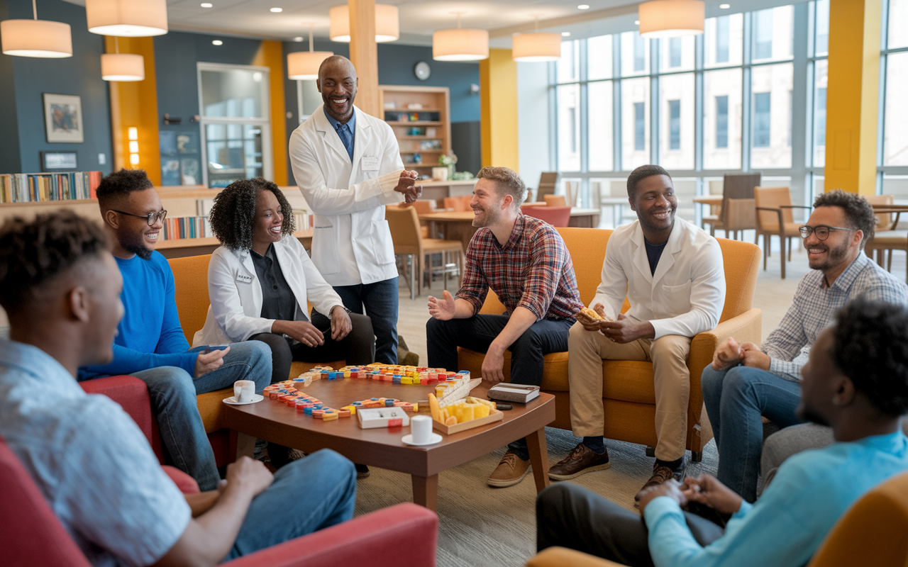 A cozy common room at a medical residency program, where residents are relaxing and enjoying downtime together. A diverse group is engaged in a friendly board game while others share laughs on couches with snacks. Bright cheerfulness fills the room from warm light fixtures, emphasizing camaraderie and support. Medical books and equipment can be seen in the background, hinting at their professional dedication amidst relaxed conversation.