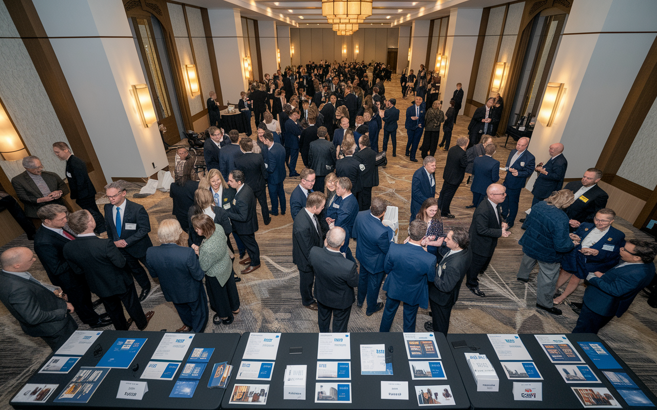 An elegant networking event taking place in a hotel ballroom where medical residents and alumni are mingling. Tables with informational materials about fellowships and career opportunities are scattered around. Guests are engaged in conversation, with professional attire and name tags visible. Soft lighting enhances the atmosphere of professionalism and ambition, showcasing the importance of connections in medicine.