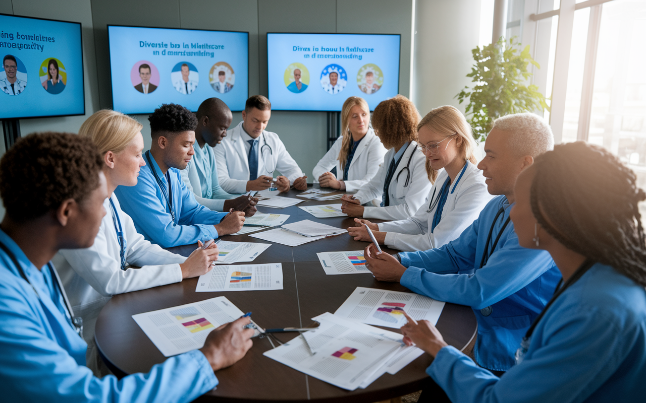 A diverse group of medical residents attending a cultural competency workshop in a well-lit conference room. They are engaged in interactive activities, collaborating on case studies that involve varied cultural perspectives. Infographics about diversity in healthcare are displayed on screens. The atmosphere is one of camaraderie and learning, with a focus on improving patient care through understanding. Natural light pours in through the windows, creating an inviting and inclusive environment.