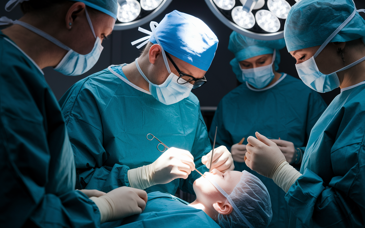 A focused plastic surgeon in a sterile surgical room diligently performing a cleft lip repair surgery on a young child. The surgeon's face expresses concentration, with bright surgical lights highlighting the delicate features of the patient. Surrounding the surgeon, team members are engaged, assisting with instruments and ensuring a sterile environment. The scene captures both the technical skill and the emotional connection inherent in pediatric reconstructive surgery, showcasing the impact on the patient's life.