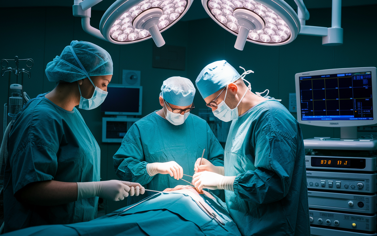 A tense moment in a plastic surgery operating room, with a surgeon deeply focused, performing a complex procedure under bright lights. The room is filled with advanced surgical equipment, and the assisting nurses are poised, conveying a sense of urgency. The atmosphere reflects the high-stress nature of surgical interventions, with monitors displaying critical patient data and the surgeon showing intense concentration and determination.