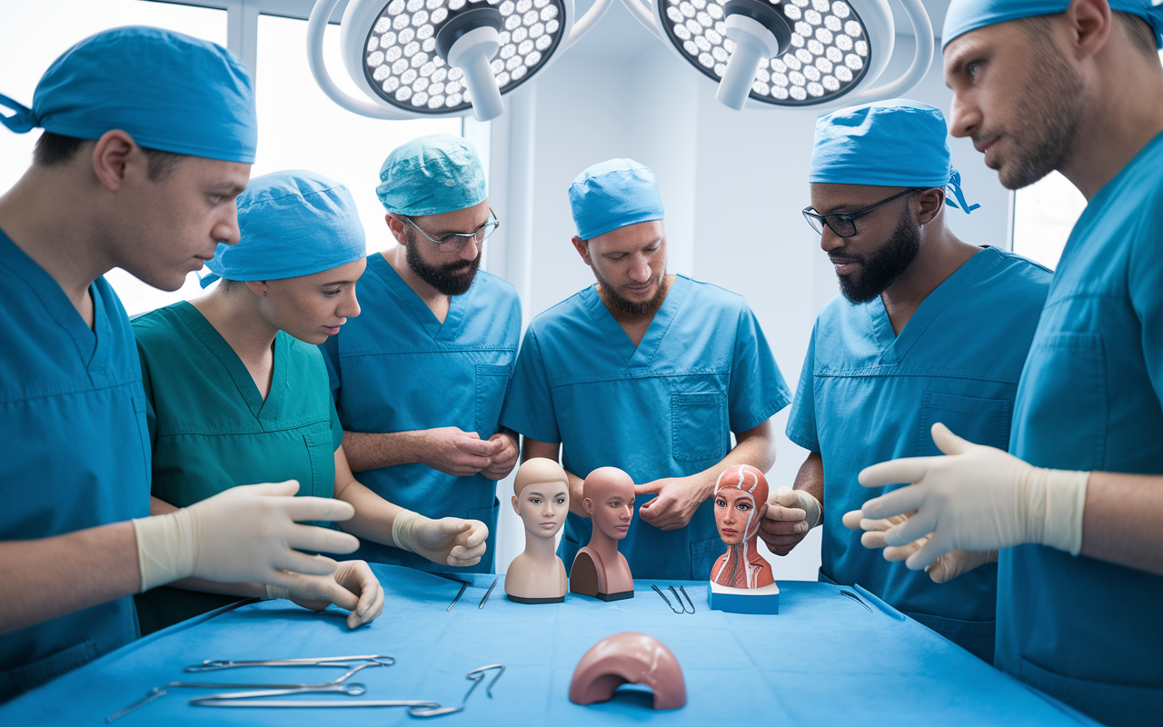 A group of diverse plastic surgeons engaged in a collaborative discussion around a surgical table, with anatomical models and surgical tools in view. The surgeons exhibit a range of expressions, from analytical to creative, as they share ideas on improving surgical techniques and patient outcomes. The room is bright and modern, emphasizing a space of innovation and teamwork within the challenging field of plastic surgery.