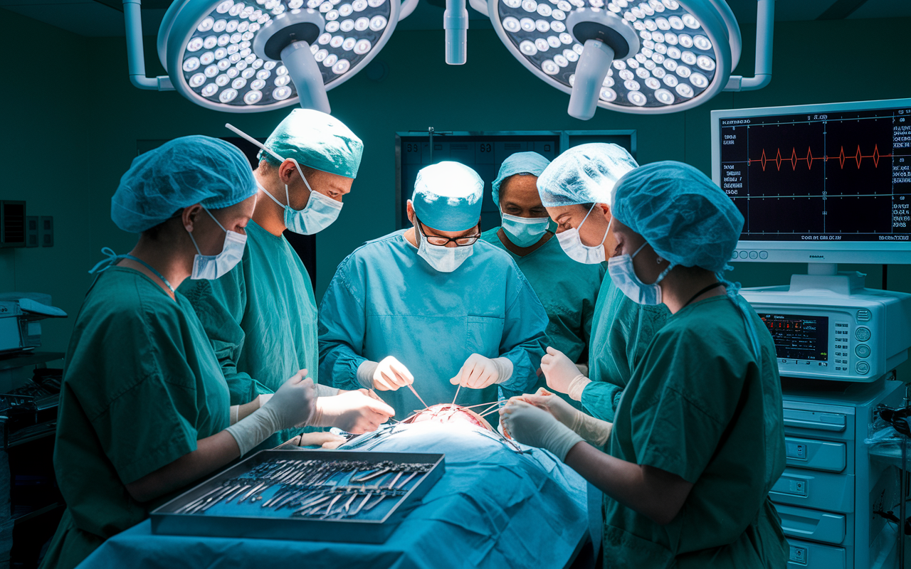 A tense yet focused operating room scene showcasing a diverse surgical team at work during a crucial surgery. The team includes a lead surgeon in scrubs, an anesthesiologist monitoring vitals, and nurses assisting beside them, all concentrated on their tasks. The room is illuminated by surgical lights casting bright, clinical light, highlighting the precision and urgency of the moment. Medical instruments are carefully arranged on a sterile tray beside them, and there's a large digital display tracking the patient’s condition, emphasizing the high-stakes nature of surgery.