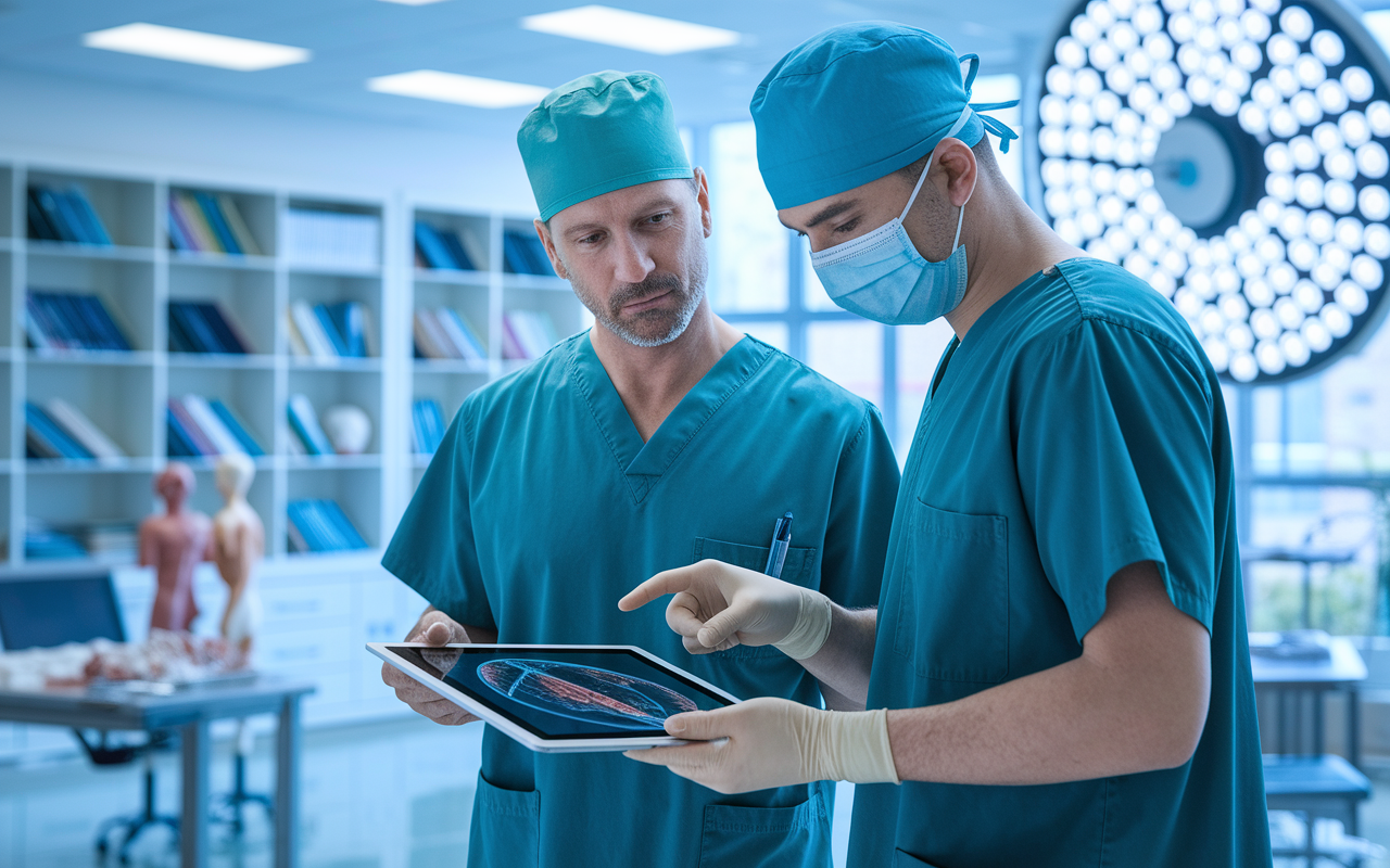 An experienced attending surgeon and a surgical resident engaged in an in-depth discussion in a bright, well-equipped teaching hospital. The mentor is pointing towards a complex surgical diagram on a digital tablet while the resident attentively listens. The background showcases a vibrant surgical training environment filled with medical books, anatomical models, and a large window allowing natural light to illuminate the space, symbolizing growth and the sharing of knowledge.