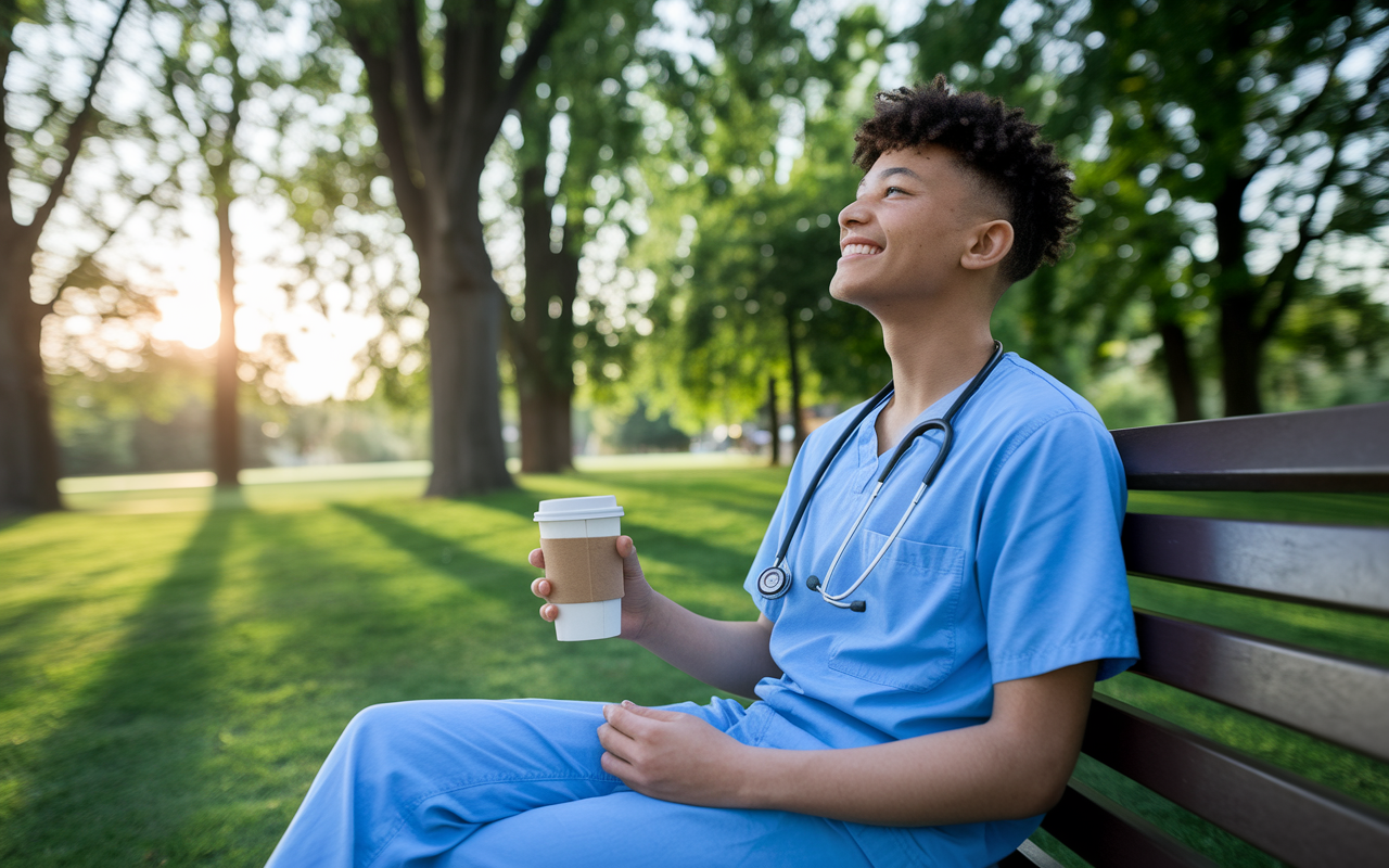 A young surgical resident enjoying a brief moment of relaxation in a park after a long shift. Dressed in casual clothing with a stethoscope draped around their neck, they are sitting on a bench surrounded by green trees, with a coffee cup in hand and a small smile of relief. The setting sun casts a warm glow, symbolizing the importance of finding balance and the challenge of making time for personal well-being amidst a demanding residency schedule.