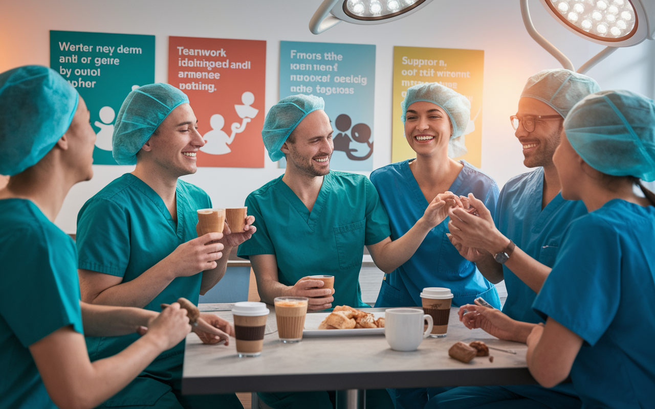 A dynamic scene in a surgical break room, where a group of enthusiastic surgical residents are gathered. They are sharing light-hearted moments and discussing their latest cases over coffee and snacks. The room is bright and inviting, decorated with motivational posters about teamwork and wellness. The camaraderie is palpable as they laugh and support one another, showcasing the importance of social interactions in high-pressure environments. Warm, natural lighting enhances the positive atmosphere.