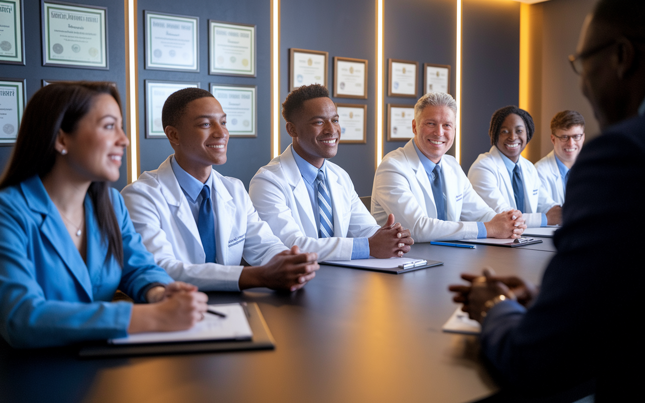 A surgical residency interview setting capturing a moment between a candidate and a panel of faculty members. The candidate, a young medical graduate in formal attire, is actively engaged, showcasing a confident demeanor. The panel, consisting of diverse faculty members in smart uniforms, exhibits enthusiasm as they listen and respond positively. The room is designed professionally with informative posters and certificates on display, symbolizing the academic excellence of the program. Warm lighting creates a welcoming atmosphere.