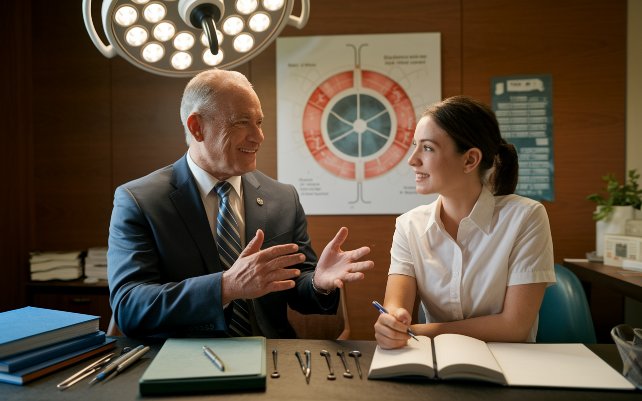 A mentorship meeting between a medical student and a seasoned surgeon in an office filled with surgical instruments and medical books. The mentor, an older gentleman with a kind demeanor, explains surgical concepts to the eager student. The student, a female in smart casual attire, listens intently while taking notes. The warm lighting adds a welcoming glow to the room, portraying a nurturing mentoring relationship. A diagram of surgical procedures hangs on the wall, indicating a space dedicated to education.